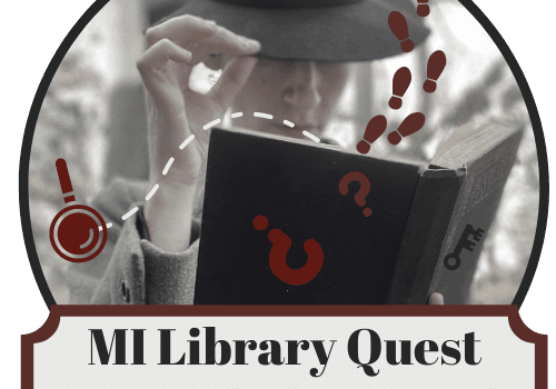 MILibrary Quest logo with mysterious figure holding an open book with footprints and question marks falling out.