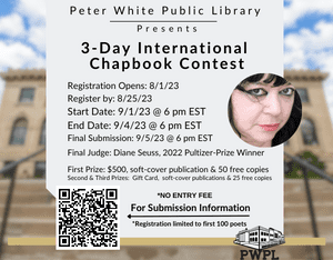 Blurred background of PWPL. Midground, light grey square with all information listed (find it in text below) in foreground a cirlce image of Diane Seuss, QR code to screen for more information and logo of PWPL