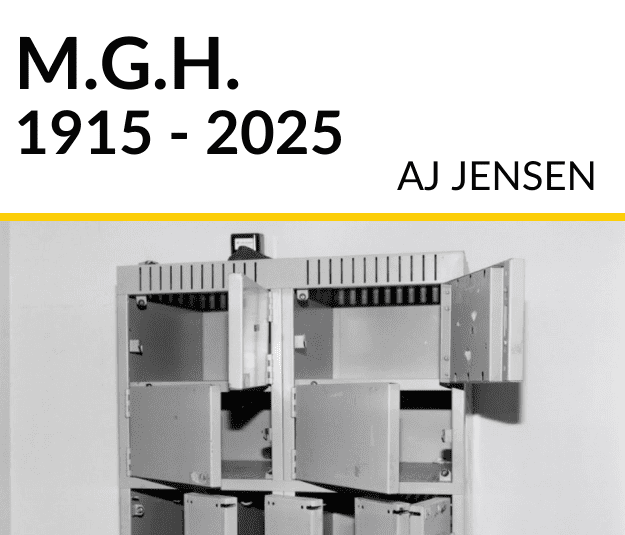 Black text "M.G.H. 1915-2025" AJ Jensen and image of old storage unit from the hospital
