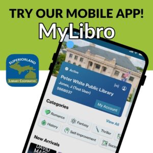 Top half green background with black and white text "Try our mobile app! MyLibro" image of iphone below